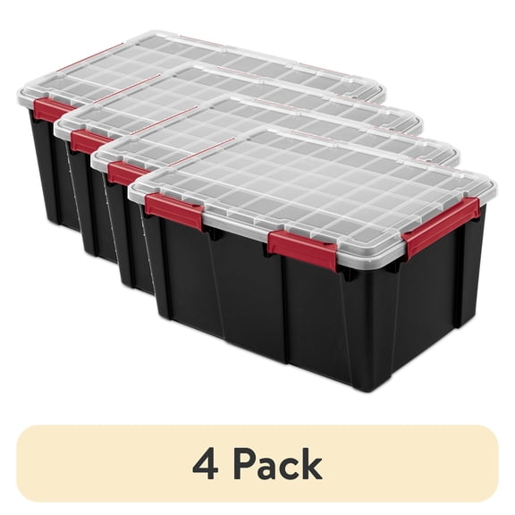 (4 pack) Sterilite Large Gasket Tote, 20 Gallon WaterProof Plastic Storage Bin with Lid, Gasket Seal and Durable Latches, Black