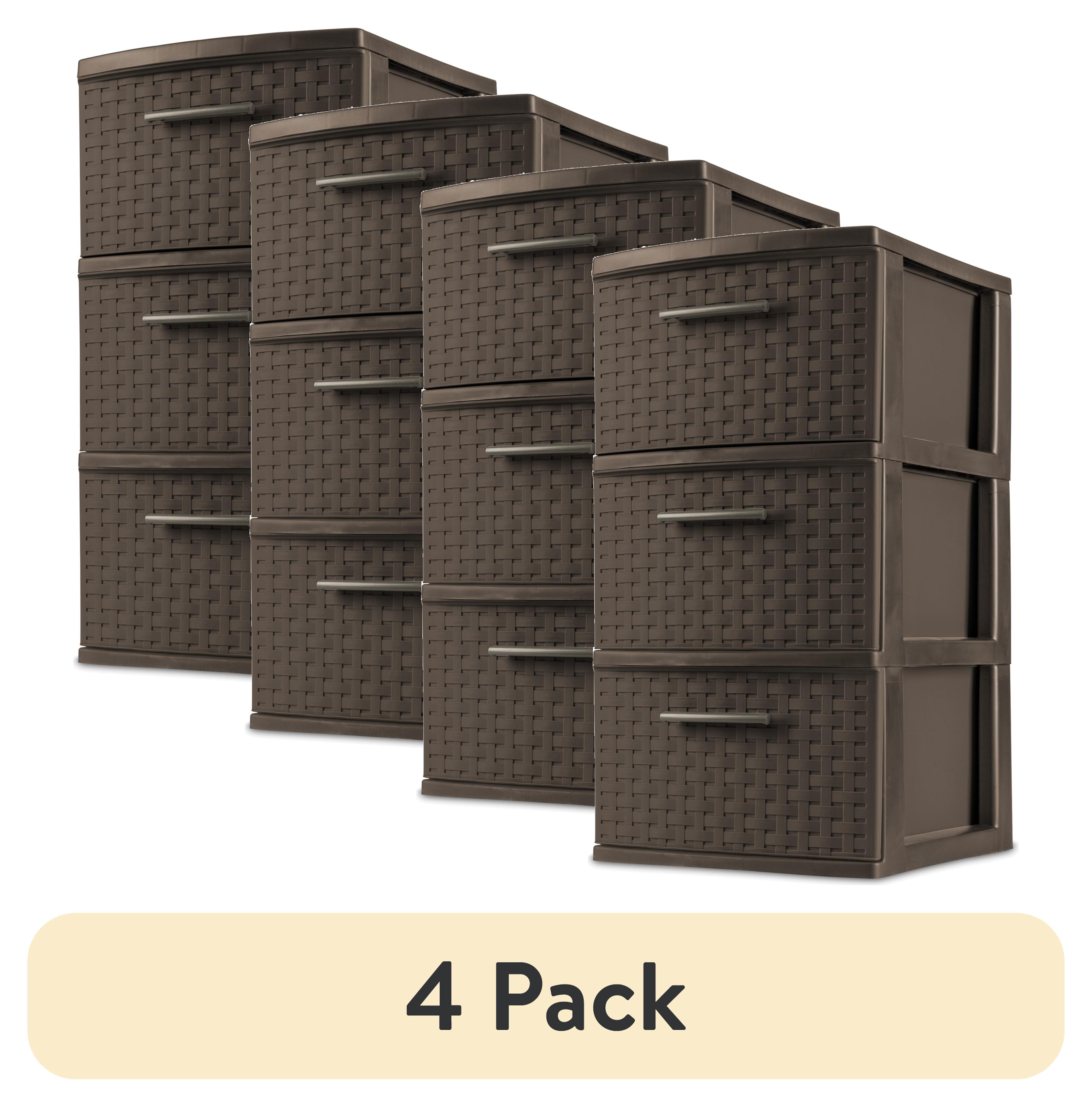 (4 pack) Sterilite 3 Drawer Weave Tower, Plastic Décor Drawers with Pull Handles, Brown