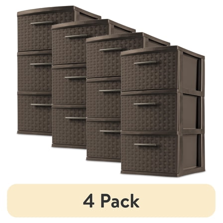 (4 pack) Sterilite 3 Drawer Weave Tower, Plastic Décor Drawers with Pull Handles, Brown