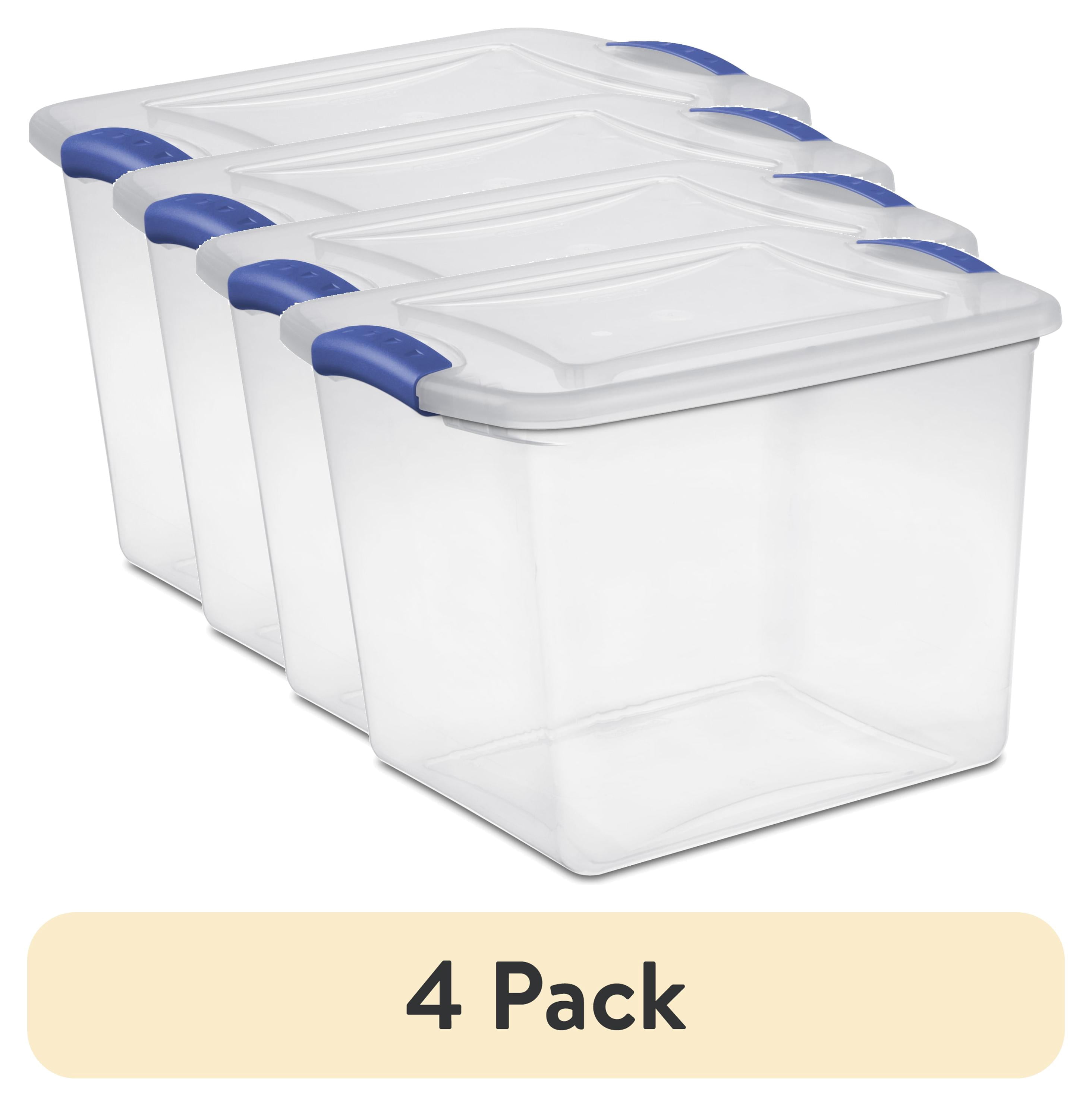 (4 pack) Sterilite 27 Quart Medium Latching Storage Bin, Clear Plastic Stoarge Conatiner with Latch Lid, Blue