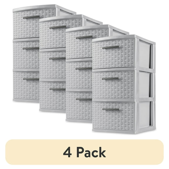 (4 pack) Sterilite 3 Drawer Weave Tower, Plastic Dcor Drawers with Pull Handles, Gray