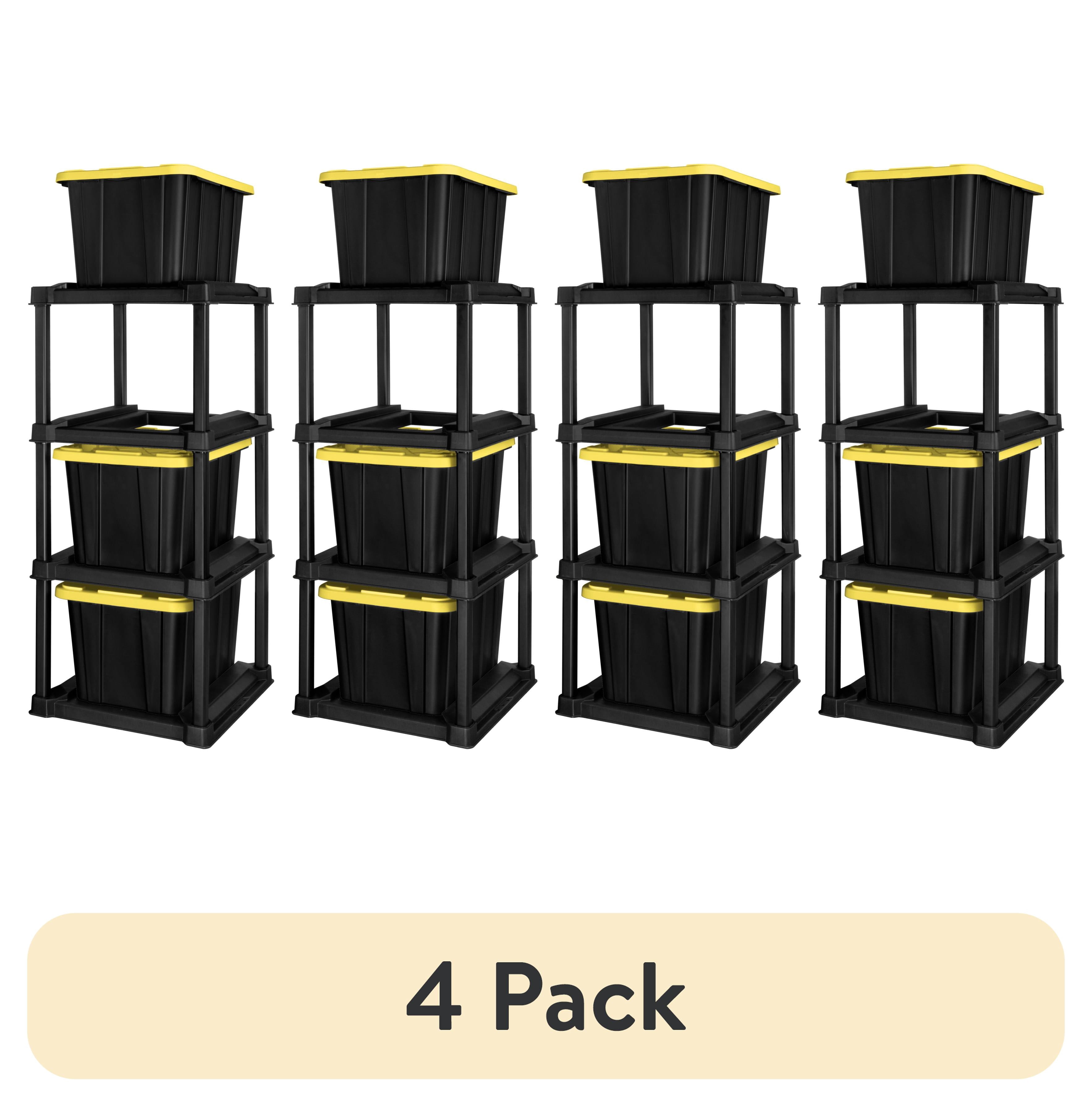 (4 pack) 4 Tier Tote Rack, Holds Four 27 Gallon Industrial Storage Totes, Heavy Duty Plastic Garage Storage Organizer, Vertical Easy-Access No-Stacking Design, Black