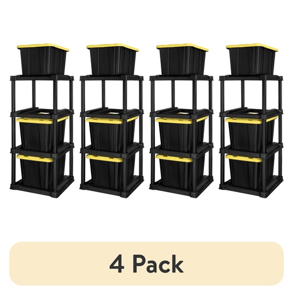 (4 pack) 4 Tier Tote Rack, Holds Four 27 Gallon Industrial Storage Totes, Heavy Duty Plastic Garage Storage Organizer, Vertical Easy-Access No-Stacking Design, Black