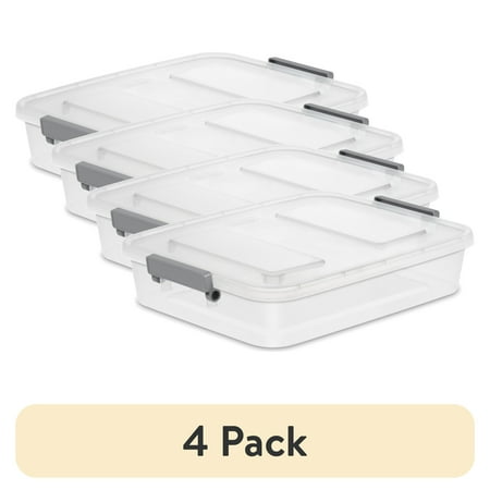 (4 pack) Sterilite Modular Small Storage Bin, 6.2 Quart Latching Clear Plastic Storage Container with Write-on ID Latches, Gray