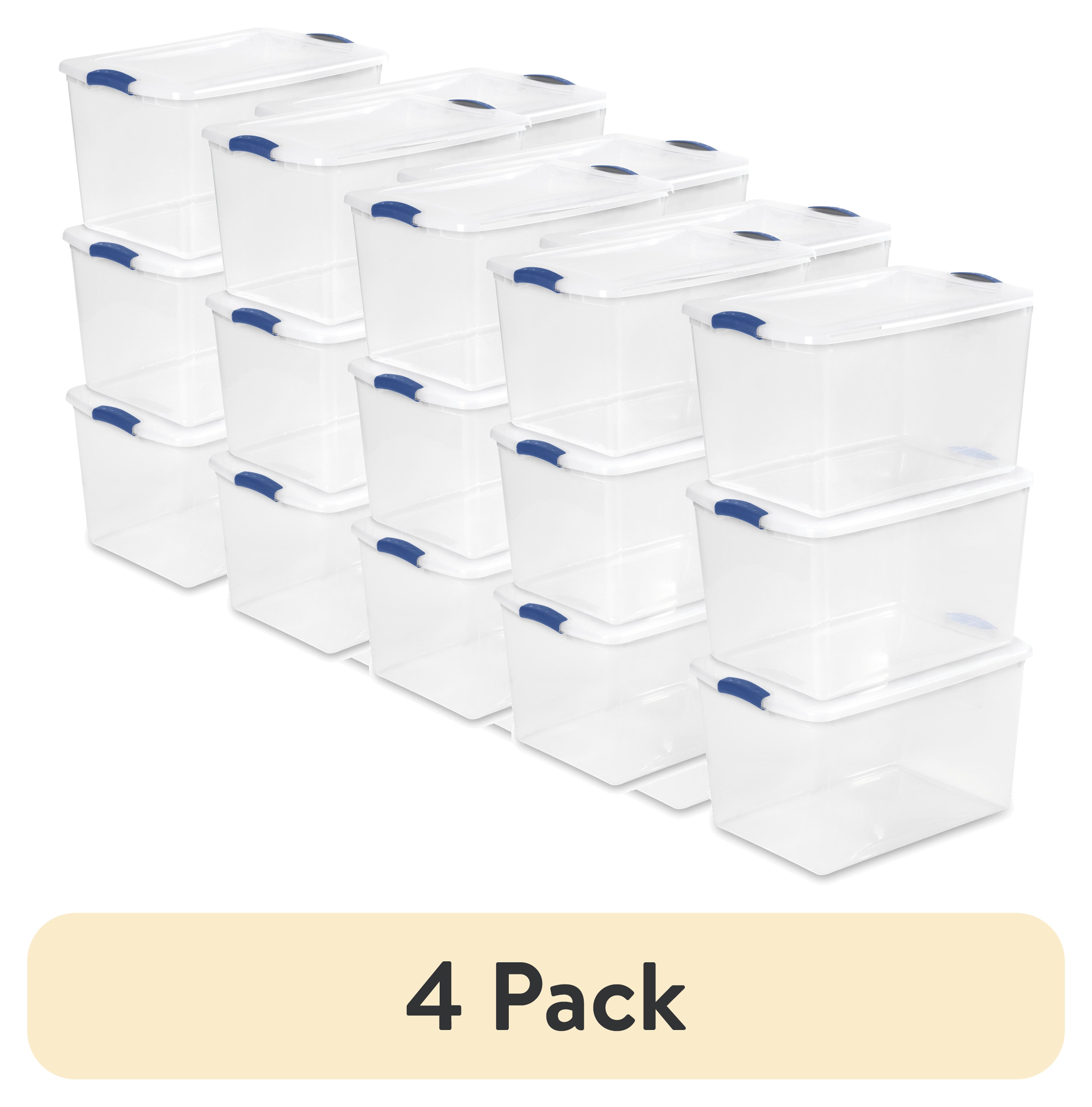 (4 pack) Sterilite Large Latching Storage Bin, 66 Quart Clear Plastic Storage Container with Latch Lid, Blue, 6 Pack