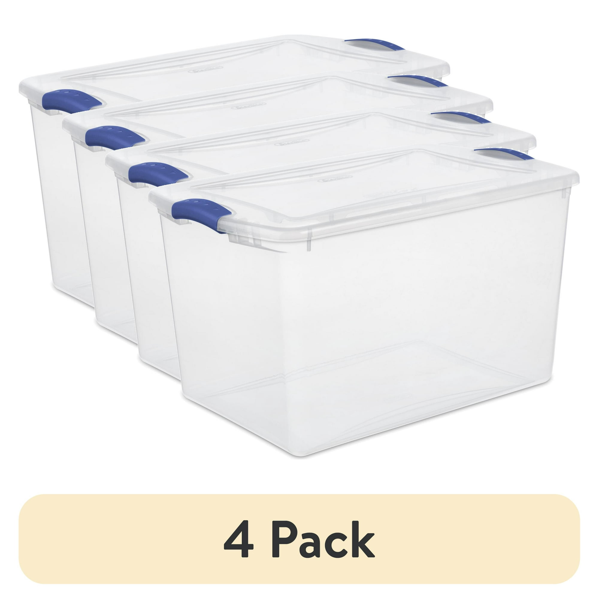 (4 pack) Sterilite 66 Quart Large Latching Storage Bin, Clear Plastic Storage Container with Latch Lid, Blue