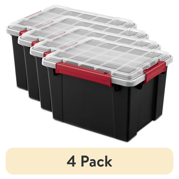(4 pack) Sterilite Gasket Tote, 8.5 Gallon WaterProof Plastic Storage Bin with Lid, Gasket Seal and Durable Latches, Black