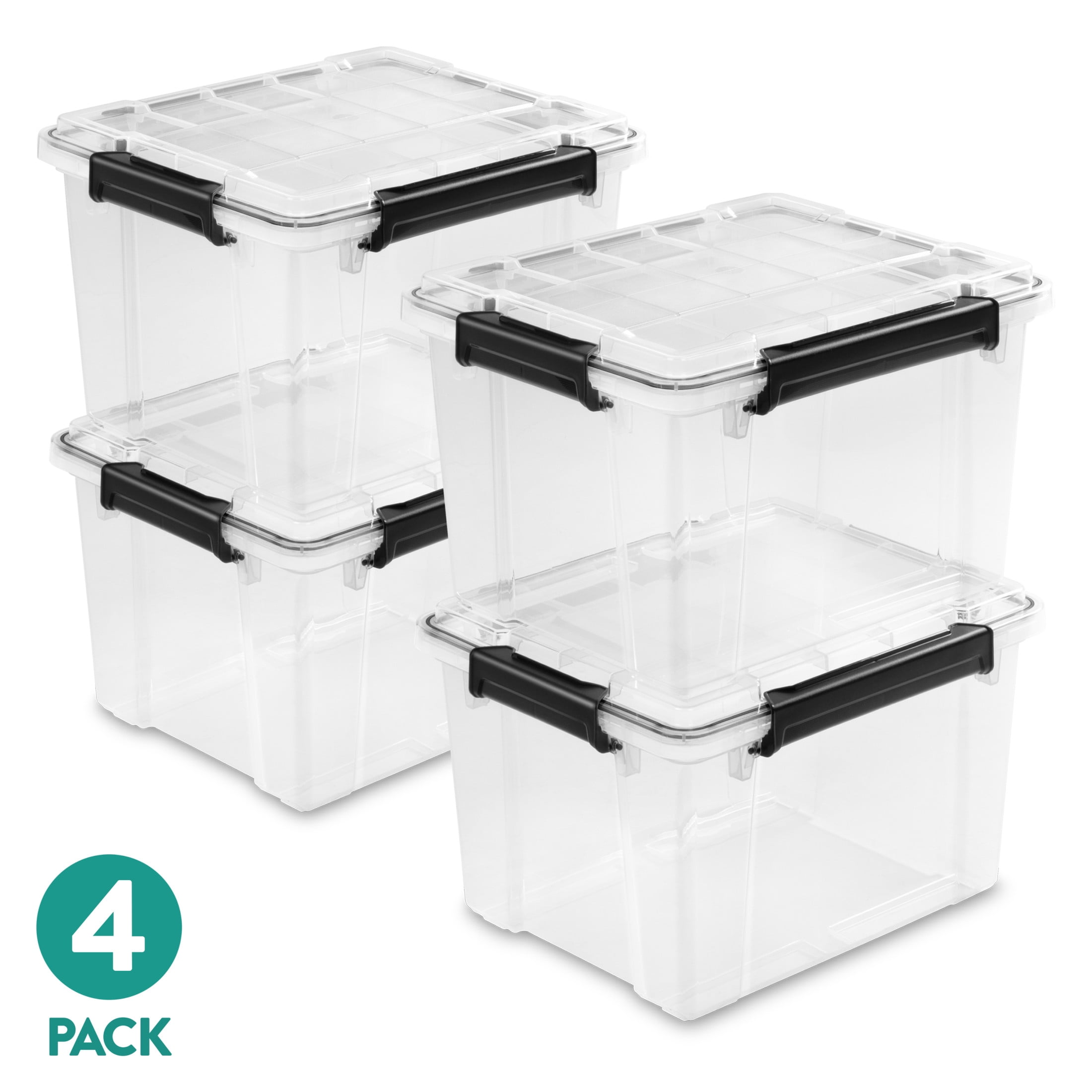 (4 pack) Sterilite Gasket Box, 34 Quart IP68 WaterProof Clear Plastic Storage Bin with Lid, Gasket Seal and Durable Latches, Black