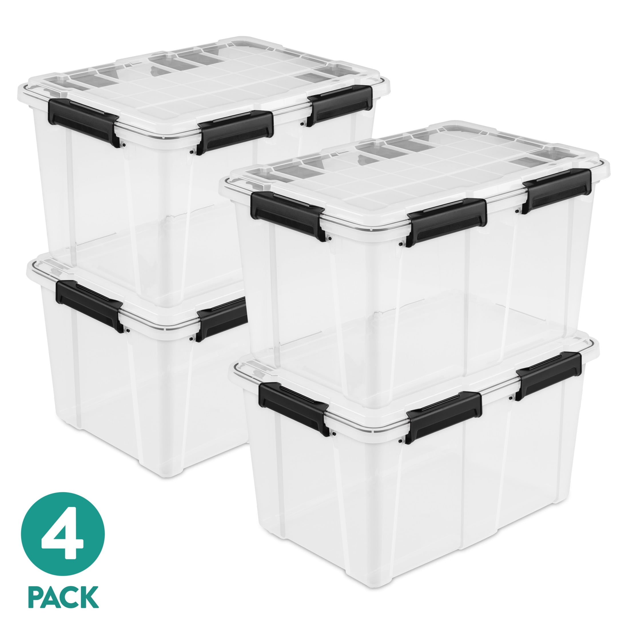 (4 pack) Sterilite Gasket Box, 54 Quart IP68 WaterProof Clear Plastic Storage Bin with Lid, Gasket Seal and Durable Latches, Black