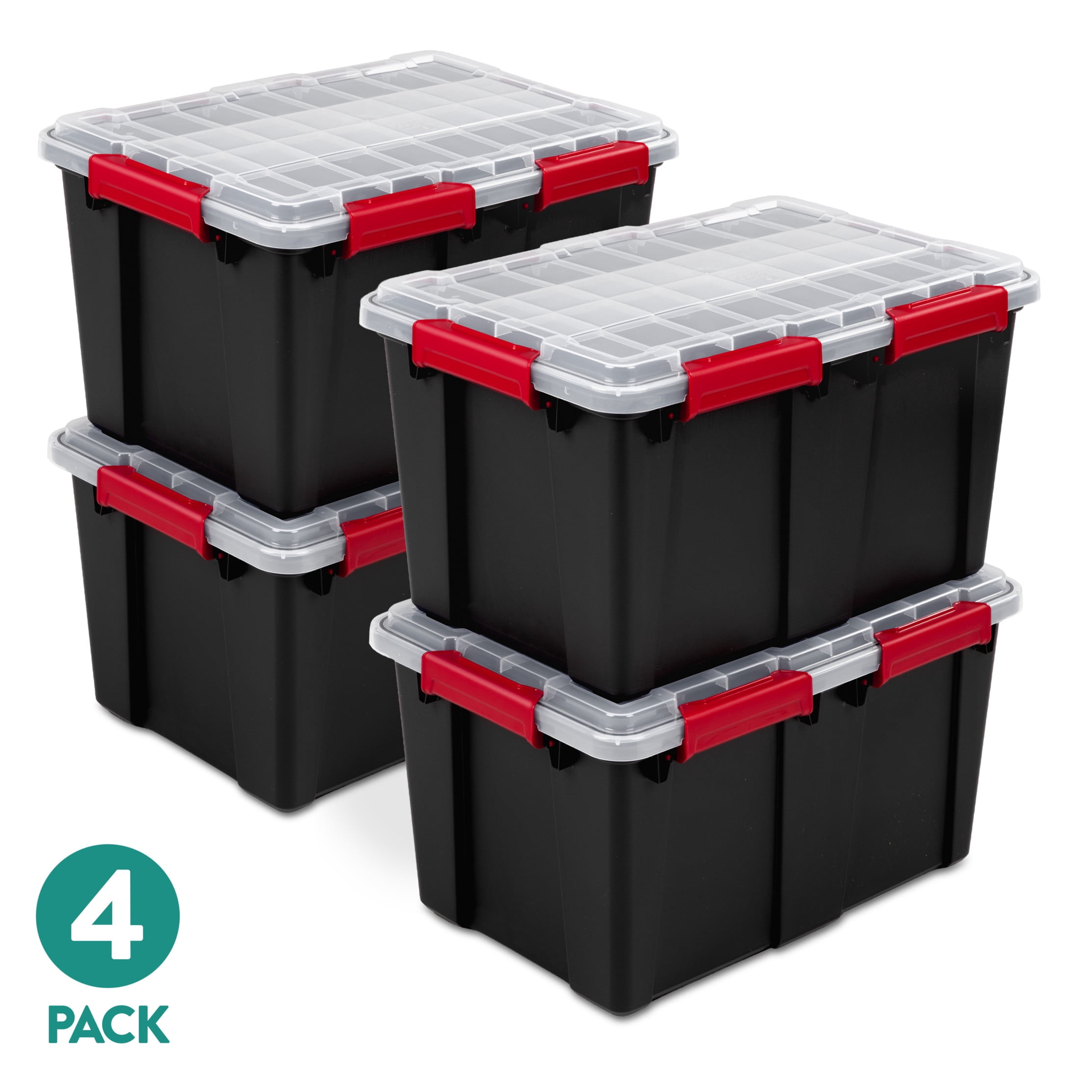 (4 pack) Sterilite Gasket Tote, 13.5 Gallon IP68 WaterProof Plastic Storage Bin with Lid, Gasket Seal and Durable Latches, Black