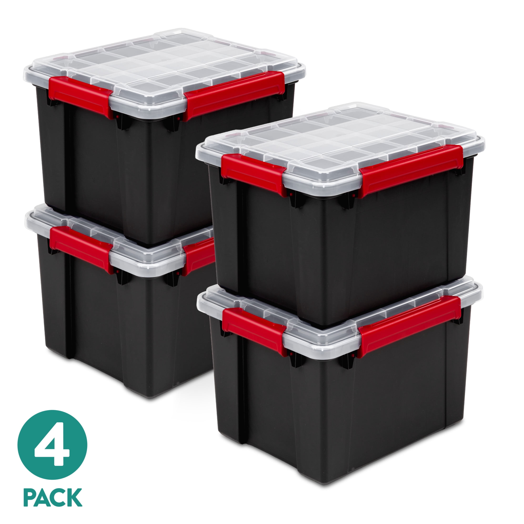(4 pack) Sterilite Gasket Tote, 8.5 Gallon IP68 WaterProof Plastic Storage Bin with Lid, Gasket Seal and Durable Latches, Black