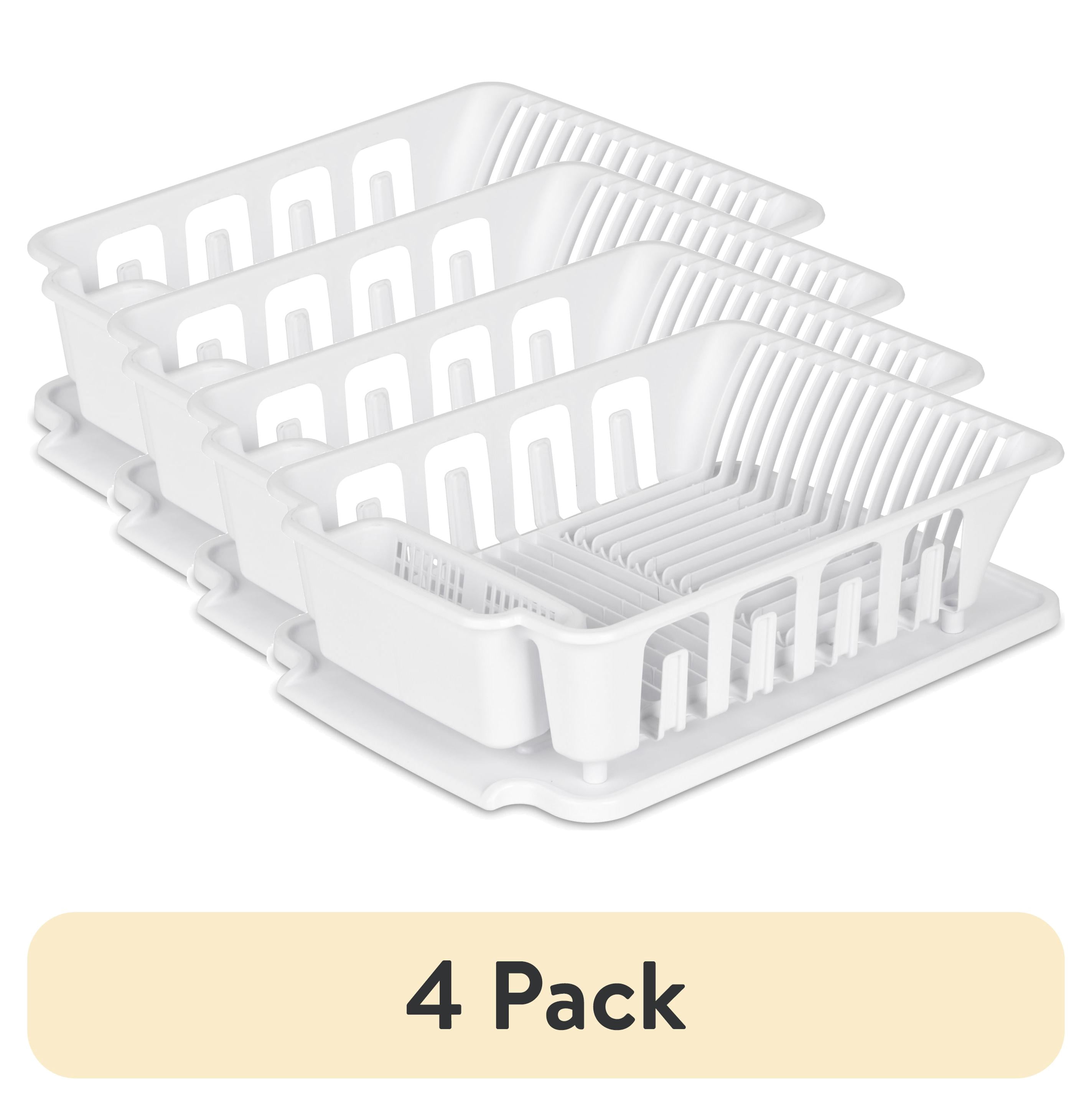 (4 pack) Sterilite Large 2 Piece Sink Set, Dish Drainer and Drainboard for Plates, Cups, Flatware, White