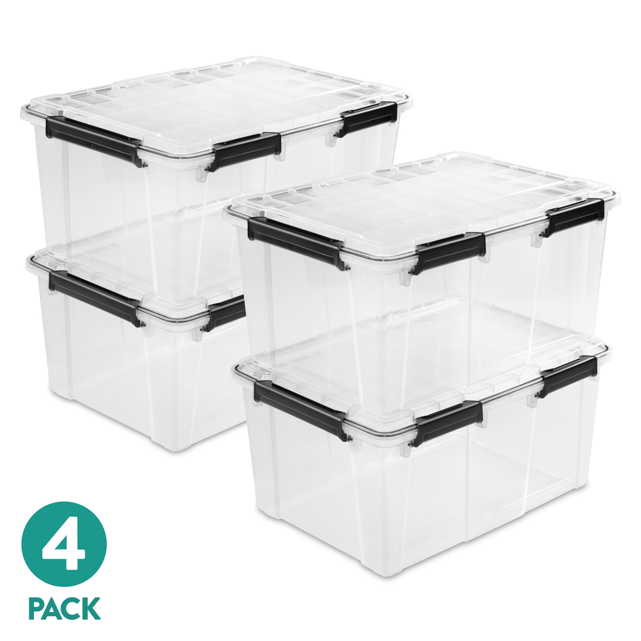 (4 pack) Sterilite Large Gasket Box, 80 Quart IP68 WaterProof Clear Plastic Storage Bin with Lid, Gasket Seal and Durable Latches, Black