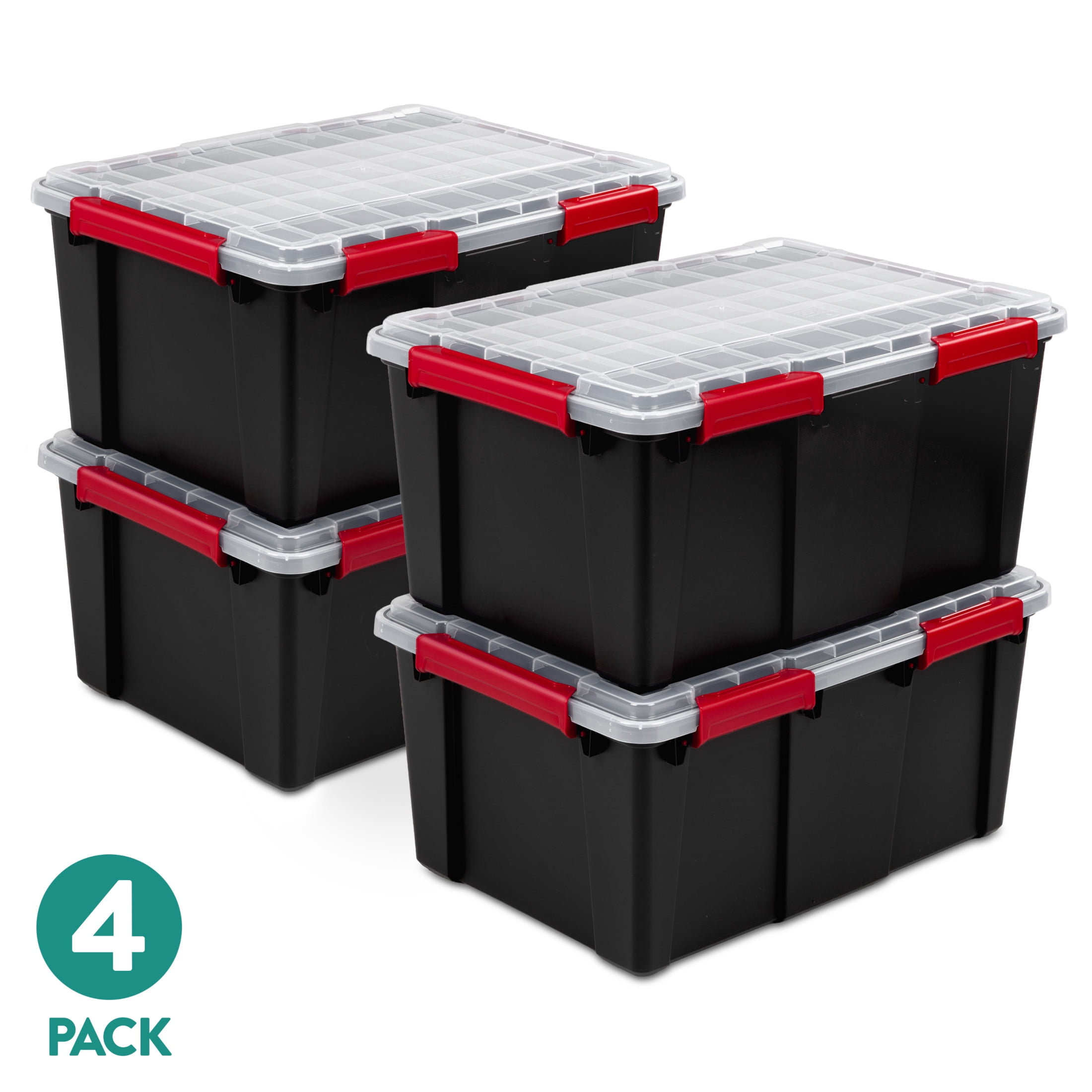 (4 pack) Sterilite Large Gasket Tote, 20 Gallon IP68 WaterProof Plastic Storage Bin with Lid, Gasket Seal and Durable Latches, Black