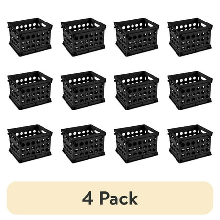 (4 pack) Sterilite Mini Storage Crate, Multi-Purpose Stackable Plastic Storage Bin with Handles, Black, 12 Pack