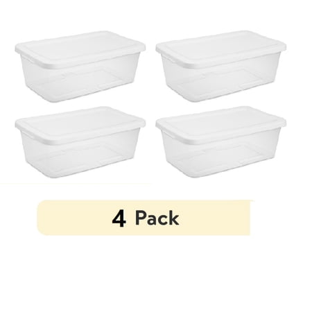 (4 pack) Sterilite Small Storage Bin, 6 Quart Clear Plastic Storage Container with Snap-On Lid, White