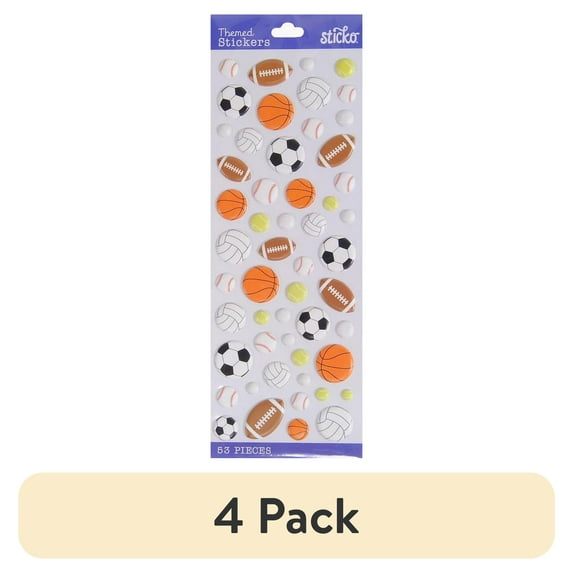 (4 pack) Sticko Classic Multicolor Puffy Sports Balls Solid Vinyl Stickers, 53 Piece