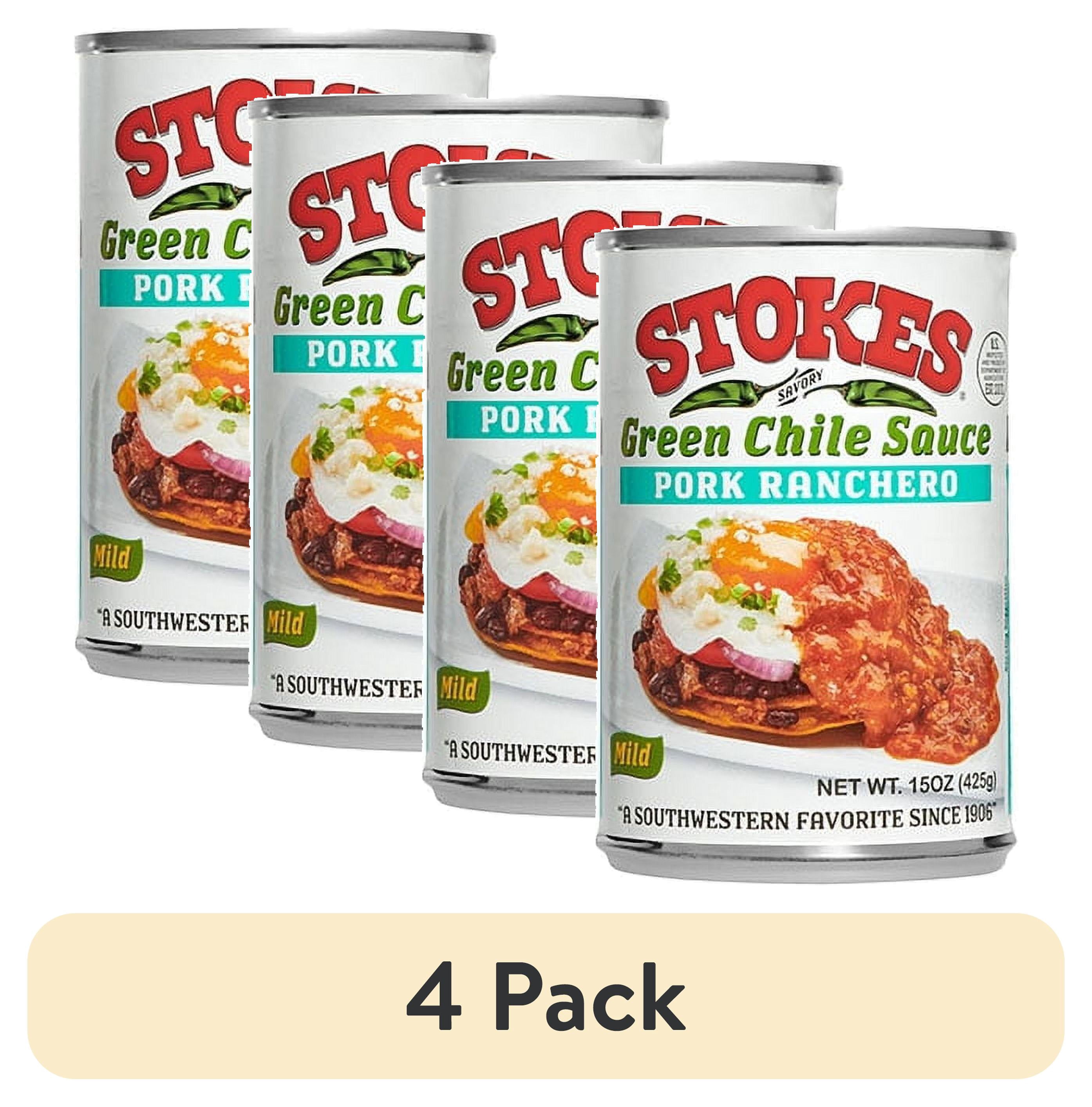 (4 pack) Stokes Green Chile Sauce Pork Ranchero, Mild, 15 oz Can