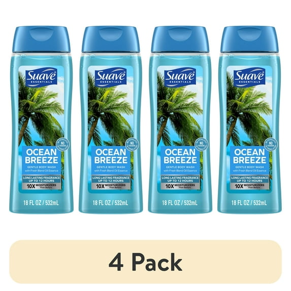 (4 pack) Suave Essentials Body Wash, Ocean Breeze, 18 oz