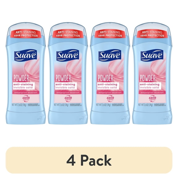 (4 pack) Suave Invisible Solid Antiperspirant Deodorant, Powder, Unisex, 2.6 oz