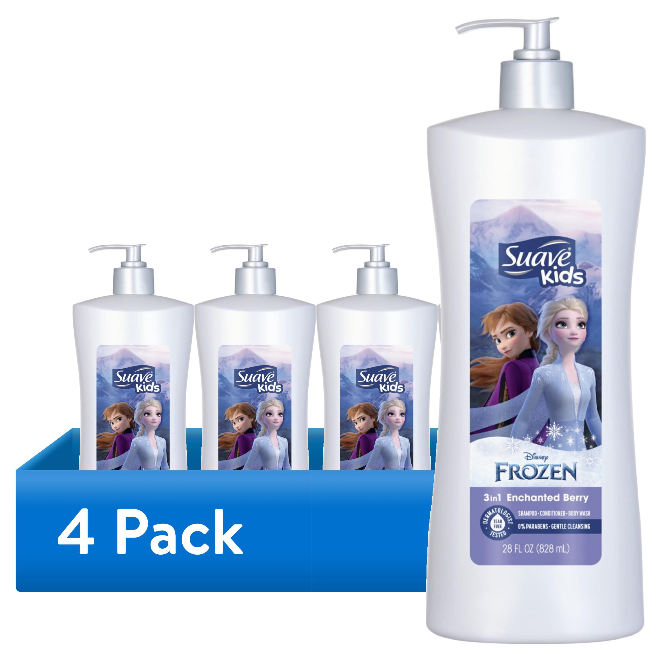 (4 pack) Suave Kids Frozen 3-in-1 Shampoo, Conditioner, Body Wash, Enchanted Berry Scent,  28 FL OZ Pump