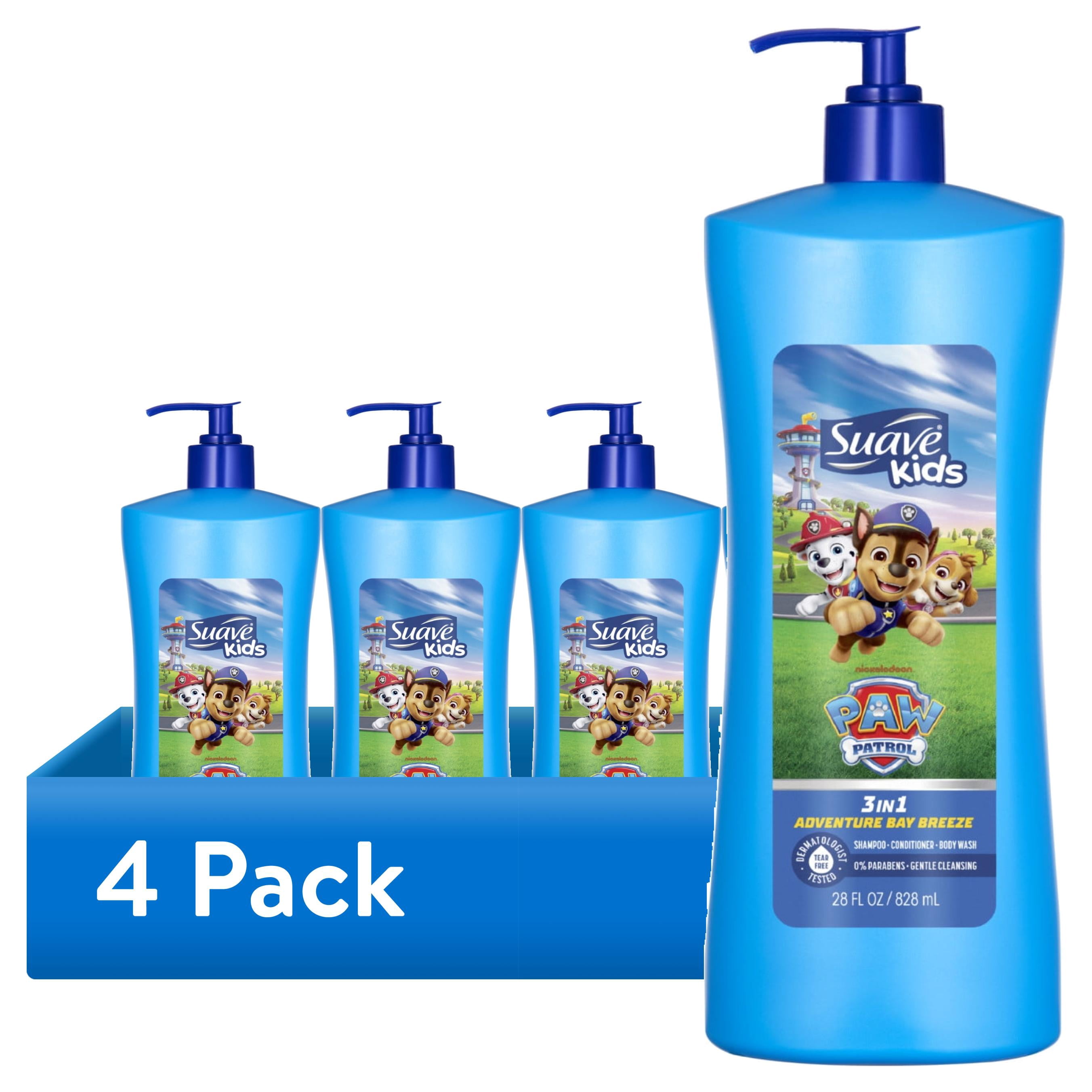 (4 pack) Suave Kids Paw Patrol 3-in-1 Shampoo, Conditioner & Body Wash, Adventure Bay Breeze, 28 oz