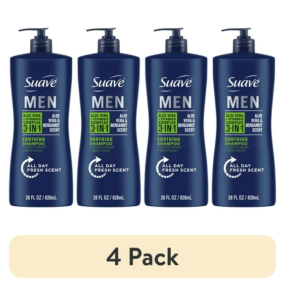 (4 pack) Suave Men 3-in-1 Shampoo, Conditioner & Body Wash, Soothing, Aloe Vera, Bergamot & Vitamin B7, 28 fl oz