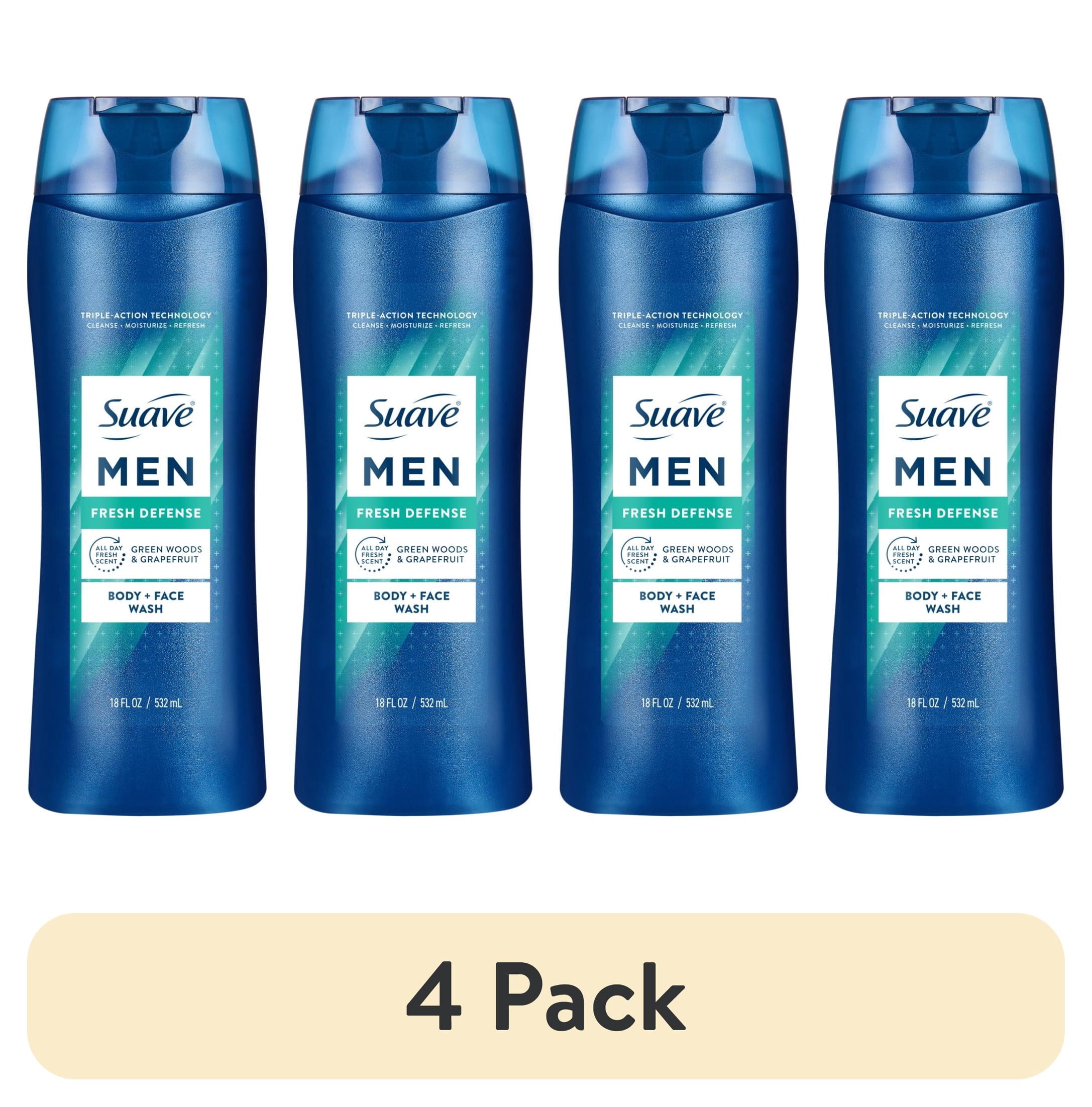(4 pack) Suave Men Fresh Defense 2in1 Body & Face Wash with Glycerin & Vitamin E, 18 FL OZ