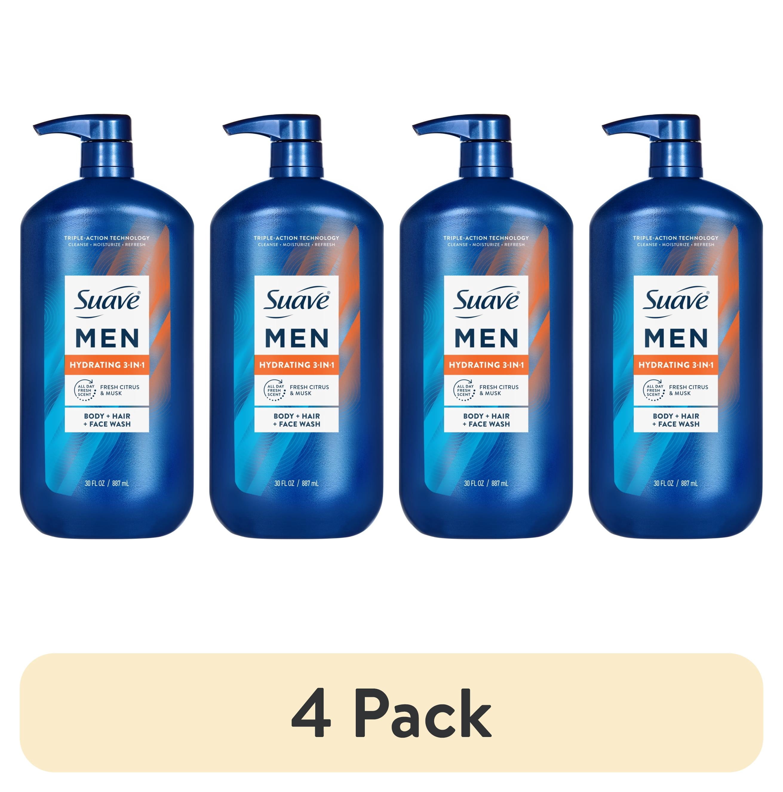 (4 pack) Suave Men Hydrating 3-in-1 Body + Hair + Face Wash with Glycerin & Vitamin E, 30 FL OZ