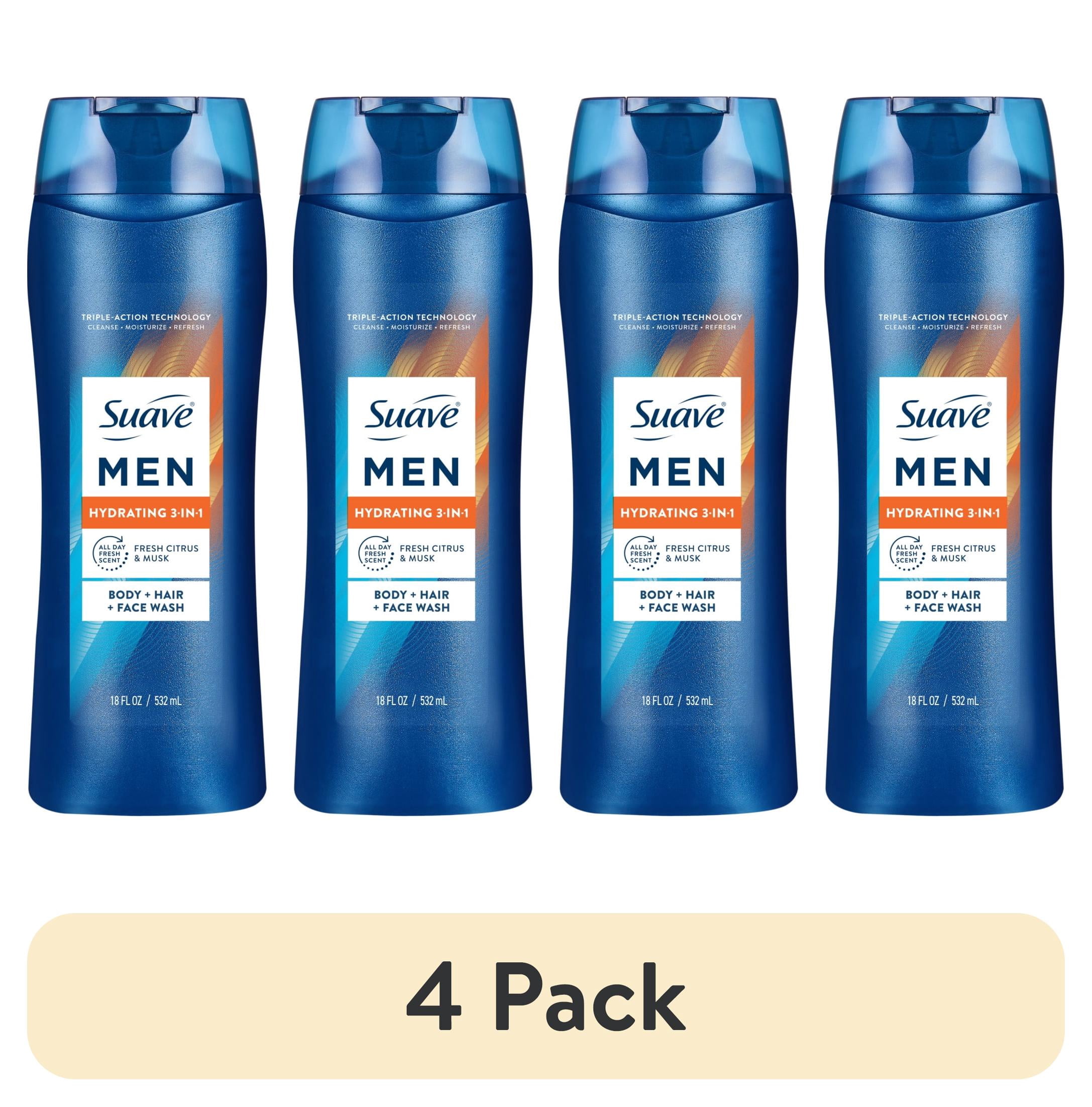 (4 pack) Suave Men Hydrating 3-in-1 Body, Hair & Face Wash with Glycerin and Vitamin E, 18 fl oz