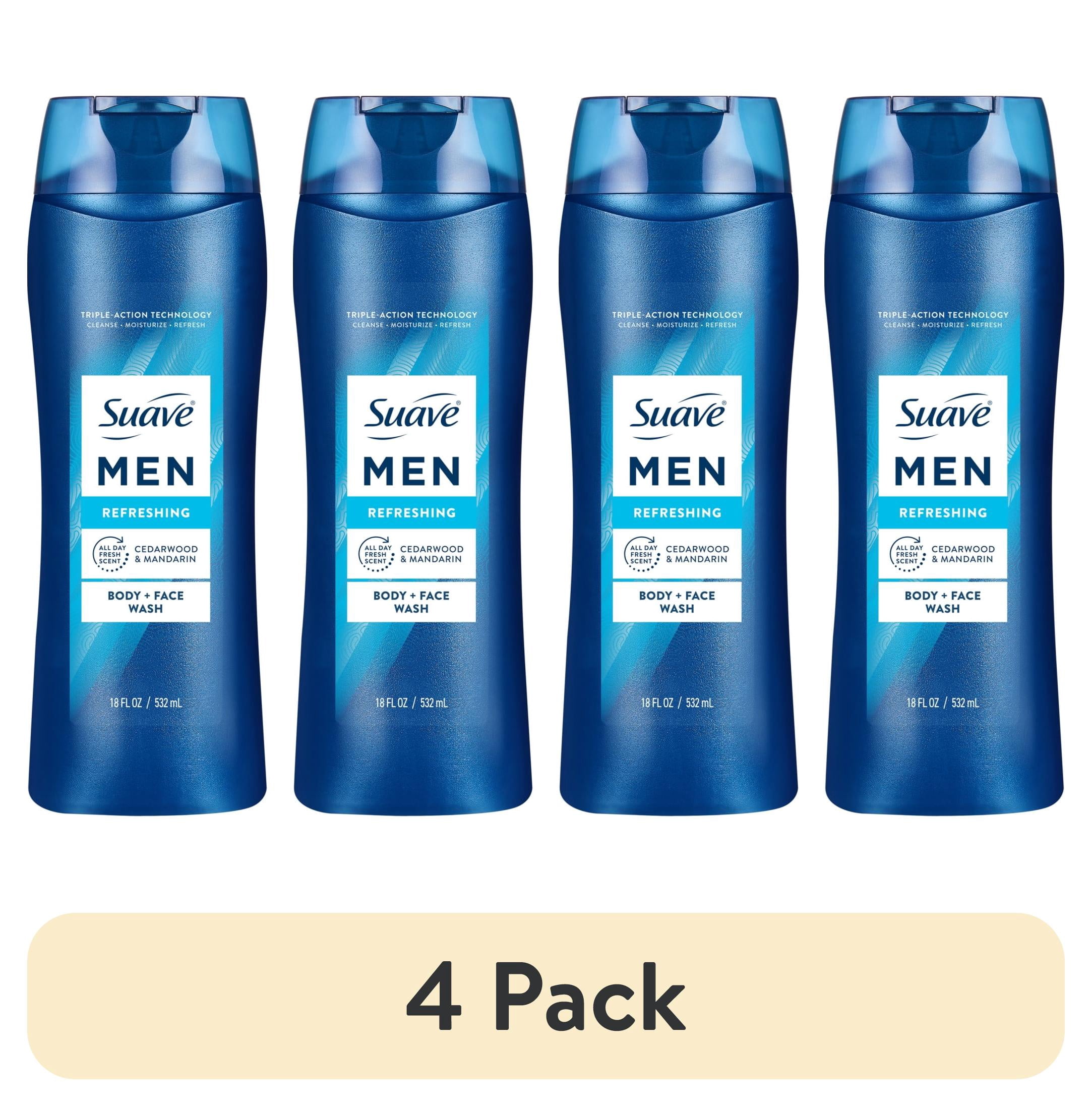 (4 pack) Suave Men Refreshing 2-in-1 Body & Face Wash with Glycerin & Vitamin E, 18 FL OZ