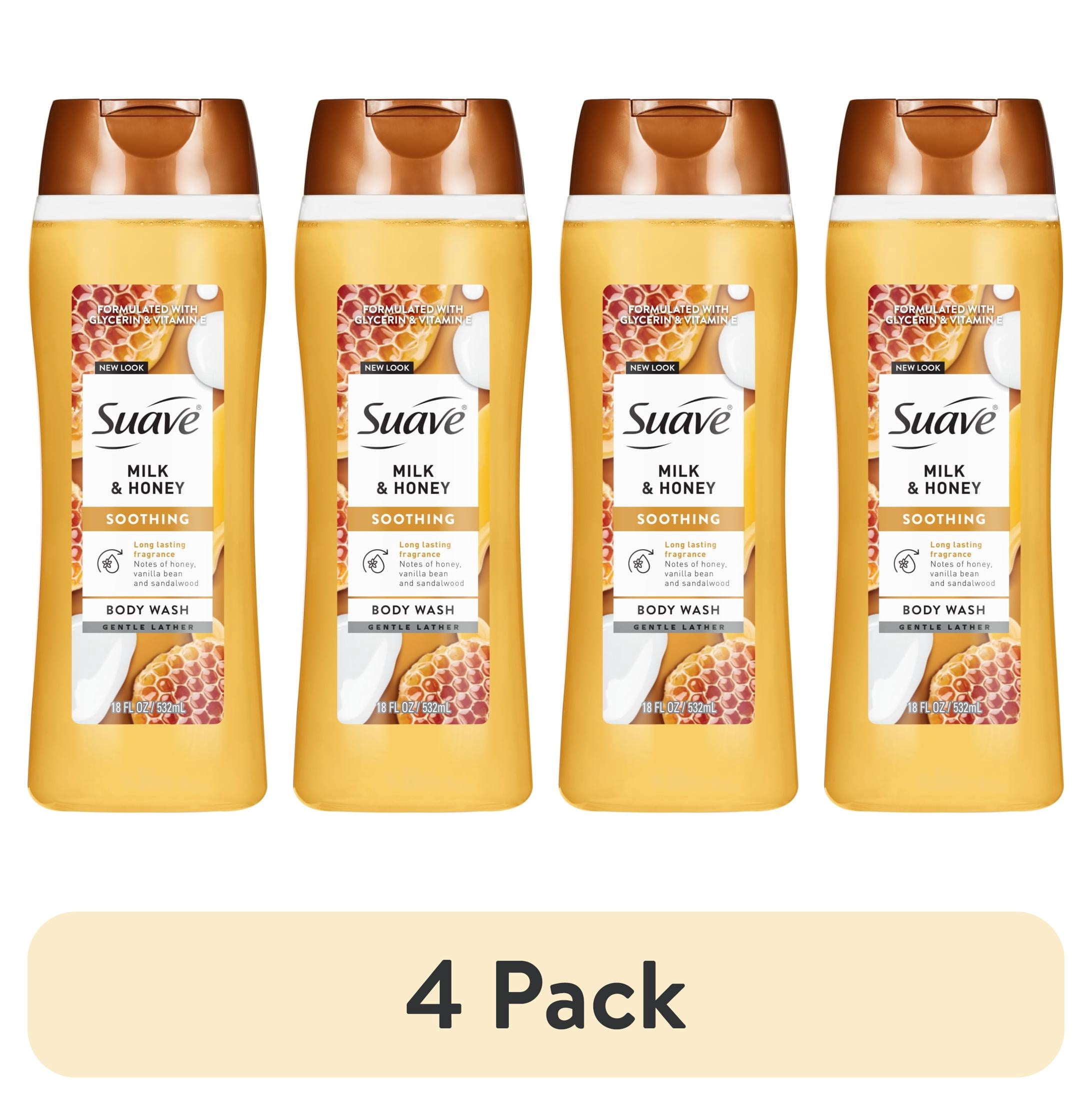 (4 pack) Suave Milk & Honey Moisturizing Body Wash with Glycerin & Vitamin E, 18 FL OZ