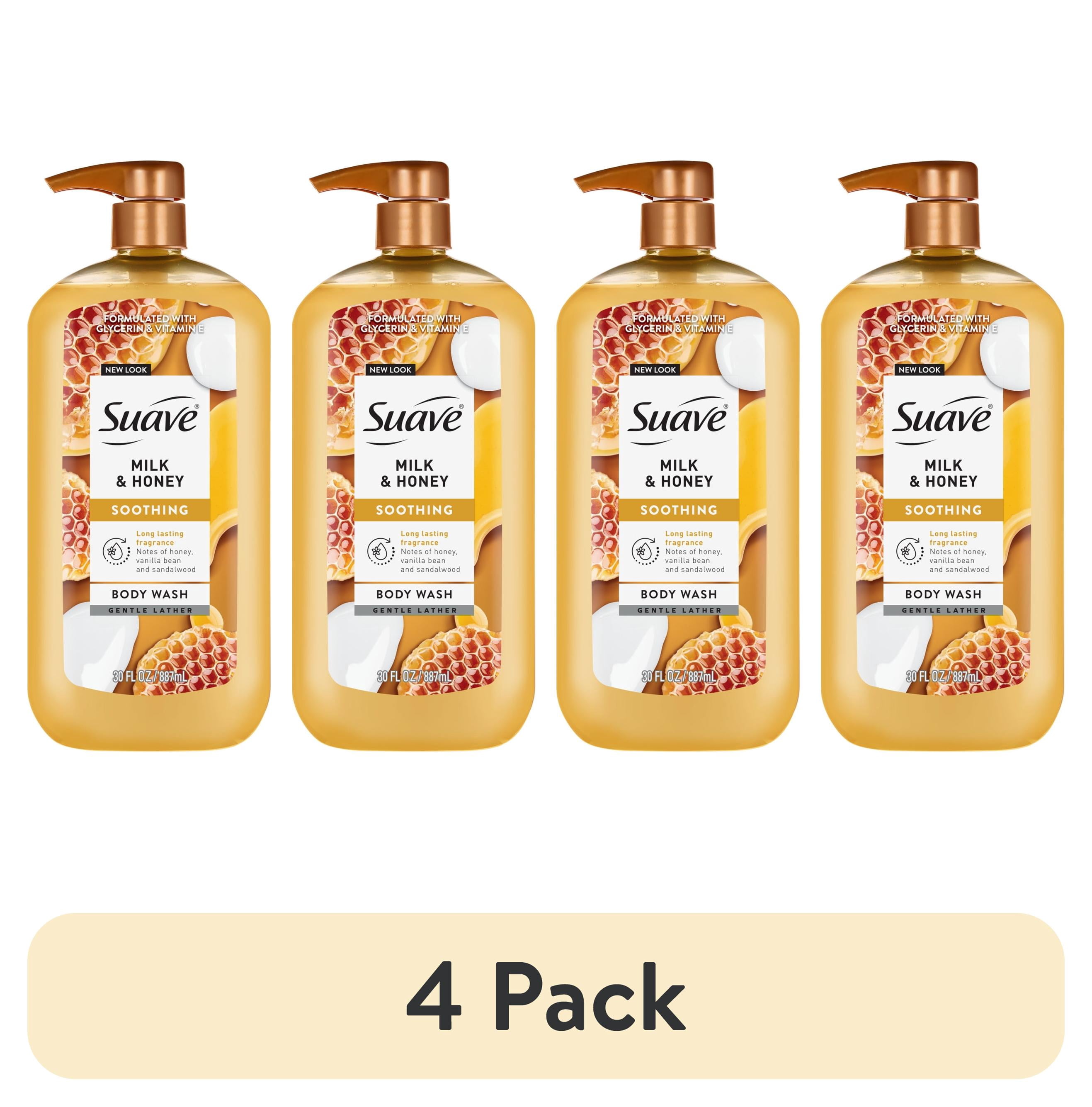(4 pack) Suave Milk & Honey Moisturizing Body Wash with Glycerin & Vitamin E, 30 FL OZ Pump