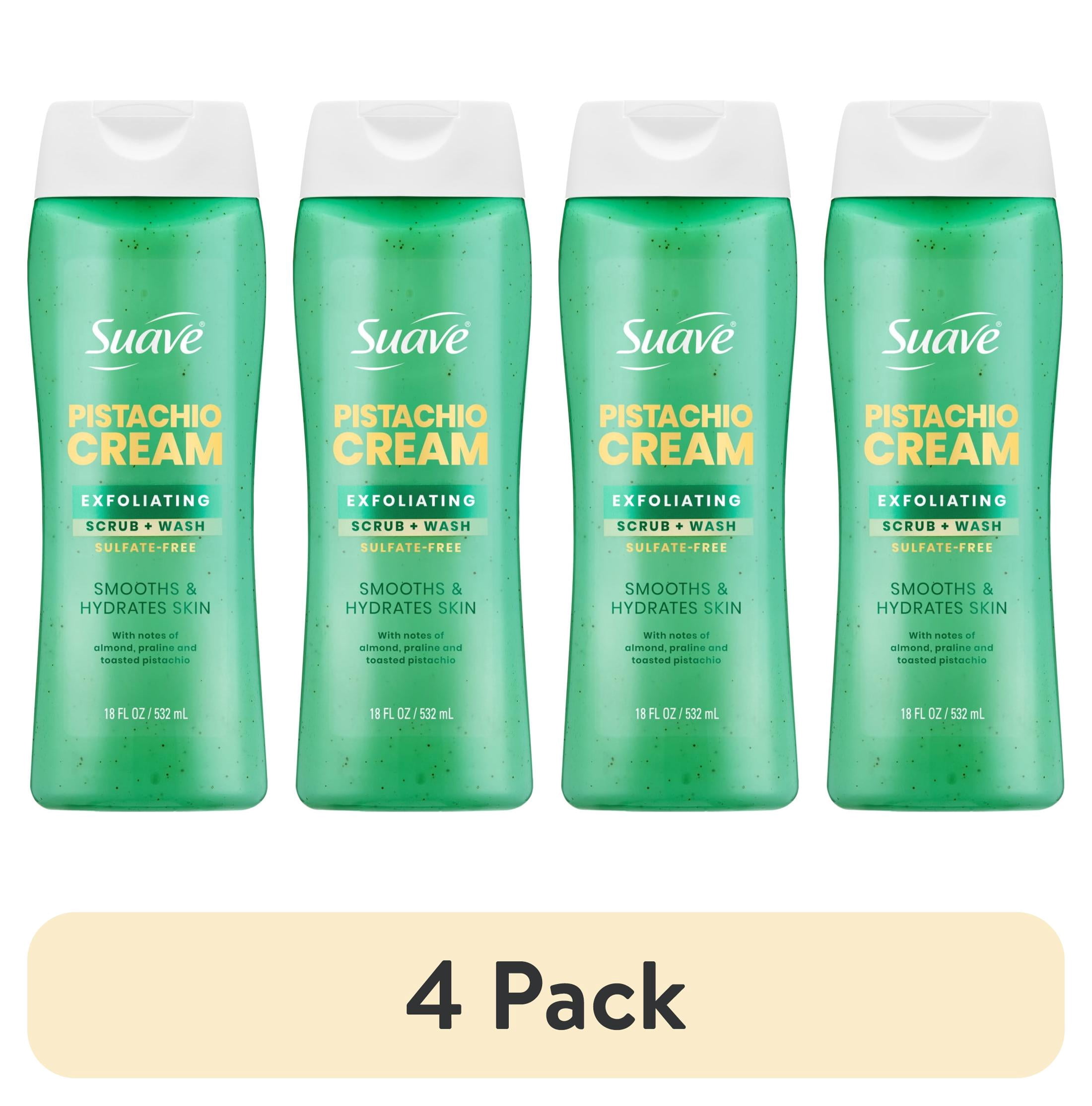 (4 pack) Suave Pistachio Cream Exfoliating Body Wash & Scrub with Glycerin & Vitamin E, Sulfate-Free Hydrating Cleanser for Soft, Smooth Skin, 18 fl oz