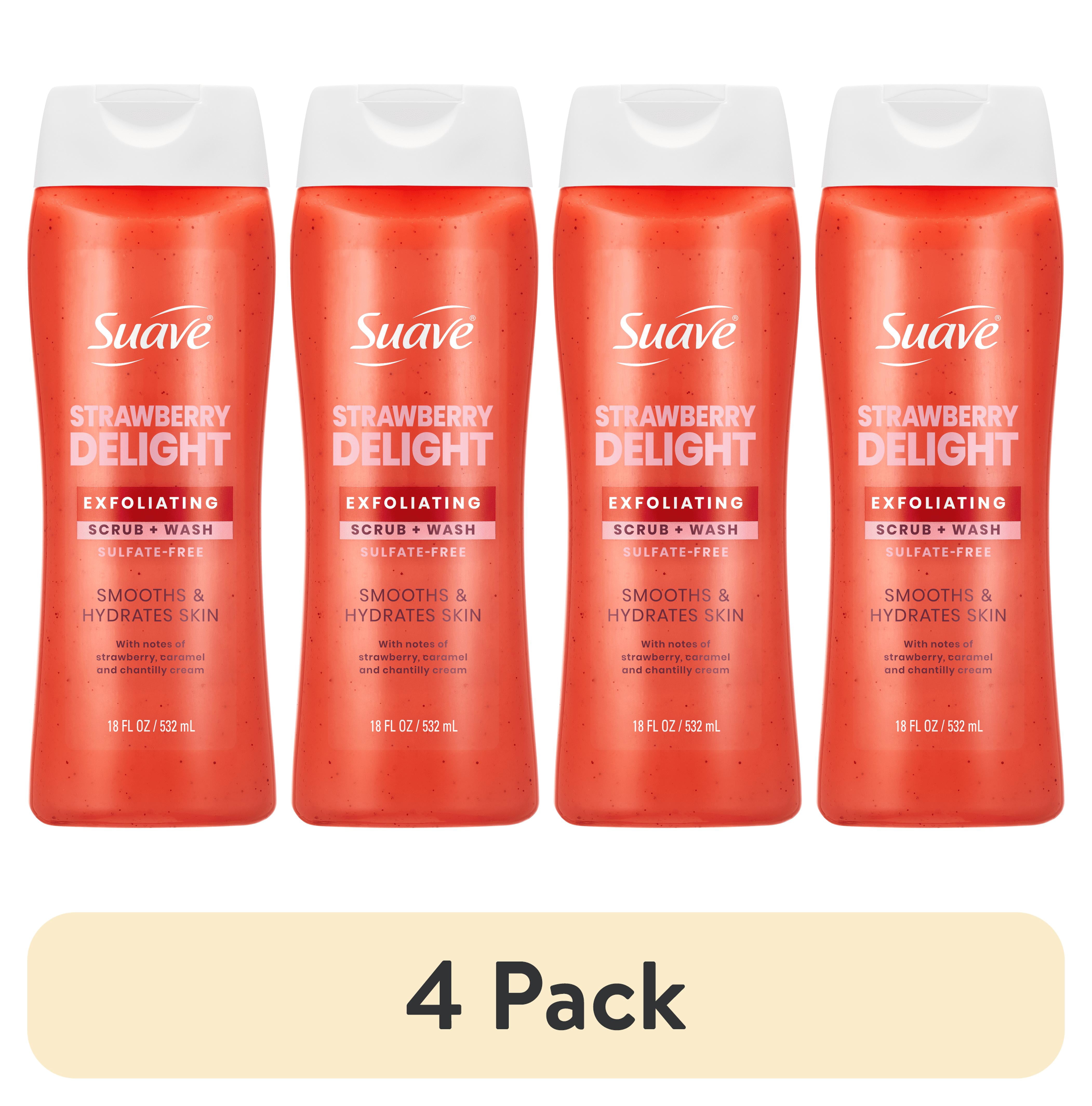 (4 pack) Suave Strawberry Delight Exfoliating Body Wash & Scrub with Glycerin & Vitamin E, Sulfate-Free Hydrating Cleanser for Soft, Smooth Skin, 18 fl oz