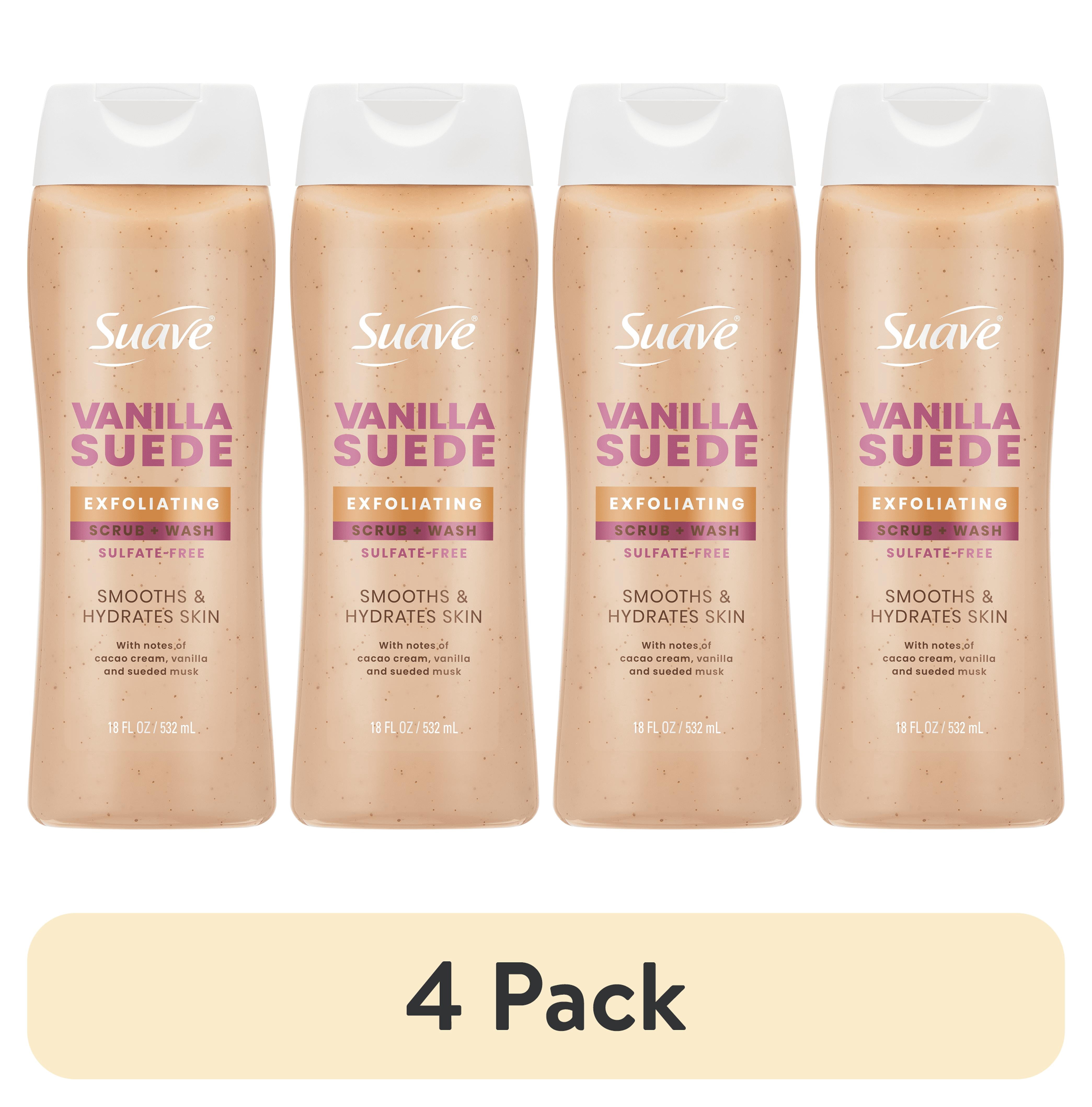 (4 pack) Suave Vanilla Suede Exfoliating Body Wash & Scrub with Glycerin & Vitamin E, 18 fl oz