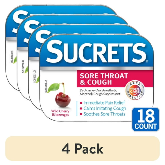 (4 pack) Sucrets Sore Throat Lozenges, Wild Cherry Flavor, 18 Count
