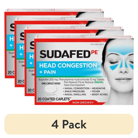 (4 pack) Sudafed PE Non-Drowsy Head Congestion + Pain Relief Caplets, 20 Ct
