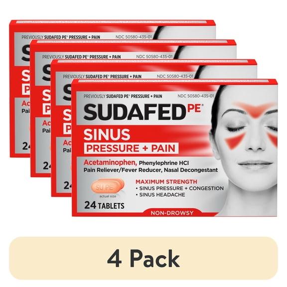 (4 pack) Sudafed PE Sinus Pressure + Pain Relief Decongestant Tablets, 24 Count