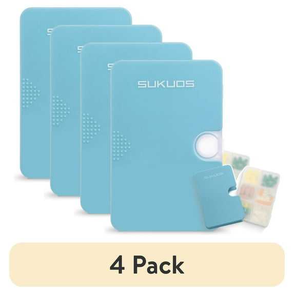 (4 pack) Sukuos Daily Use Slim Pill Organizer 1 Pack, Easy to Open 6 Compartments, Large Capacity Portable Travel Pill Box, Pill Dispenser, Medicine Container & Vitamin Holder