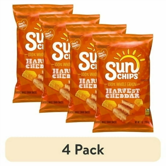 (4 pack) SunChips 100% Whole Grain Harvest Cheddar Snack Chips Bag, 7 oz