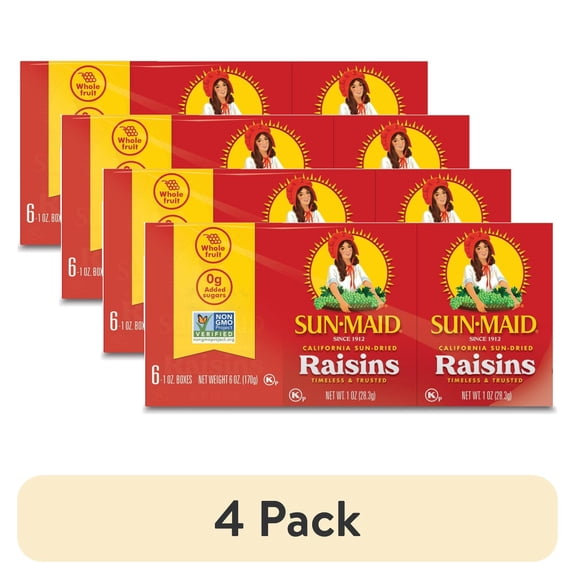 (4 pack) Sun-Maid California Sun-Dried Raisins, Dried Fruit Lunch Box Snack, 1 oz, 6 Count
