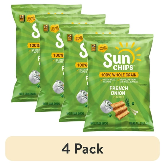 (4 pack) SunChips 100% Whole Grain French Onion Snack Chips Bag, 7 oz