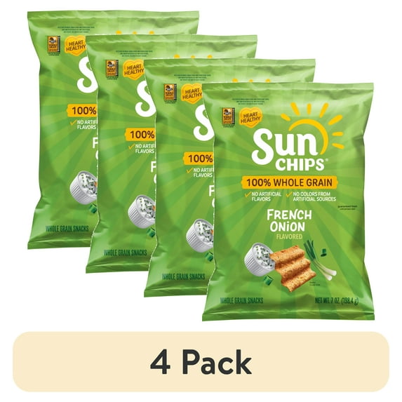 (4 pack) SunChips 100% Whole Grain French Onion Snack Chips Bag, 7 oz