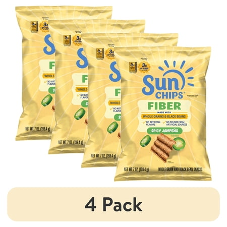 (4 pack) SunChips 100% Whole Grain Black Bean Spicy Jalapeno Snack Chips Bag, 7 oz