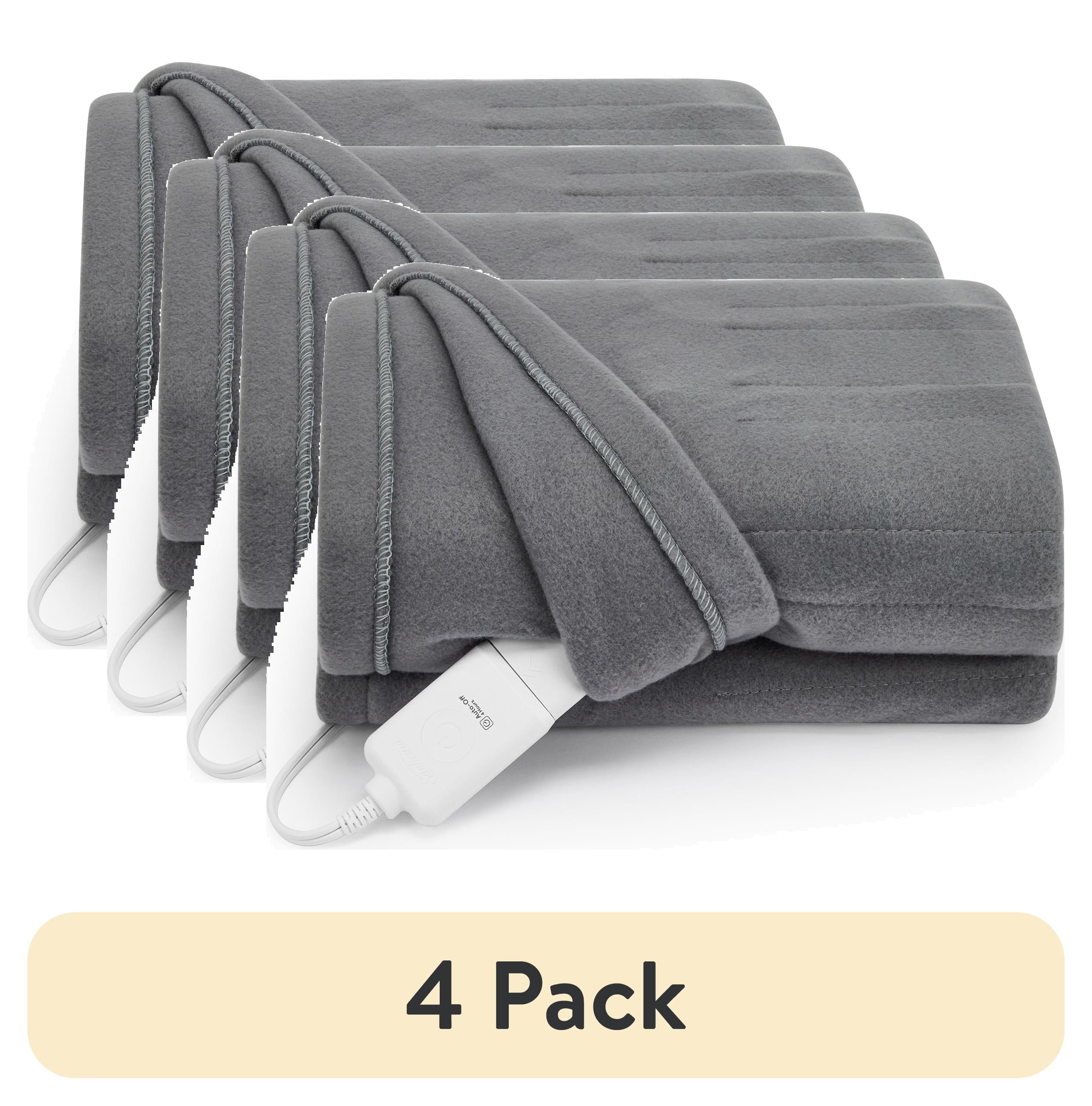(4 pack) Sunbeam Throw Grey Fleece, 4 Heat Settings, 4-Hour Auto Shut-Off, Electric Heated Blanket, 50” x 60”