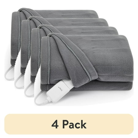 (4 pack) Sunbeam Throw Grey Fleece, 4 Heat Settings, 4-Hour Auto Shut-Off, Electric Heated Blanket, 50” x 60”