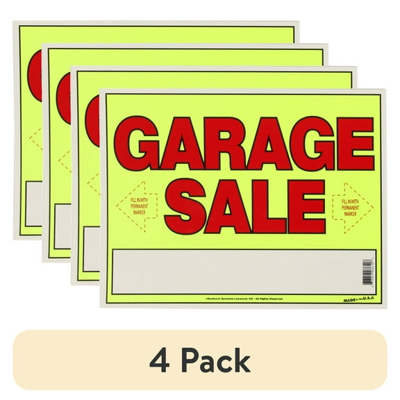 (4 pack) Sunburst Systems 3610 Yellow Laminated Cardboard Garage Sale Sign W/ Directional Arrows, 11" x 14"