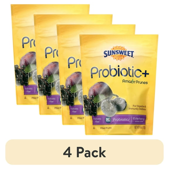 (4 pack) Sunsweet Probiotic+, Amazin Prunes, Elderberry Natural Flavor, Pouch Bag 6oz