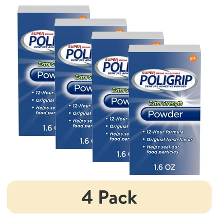 (4 pack) Poligrip Extra Strength Denture and Partials Adhesive Powder, 1.6 Oz, for Adults